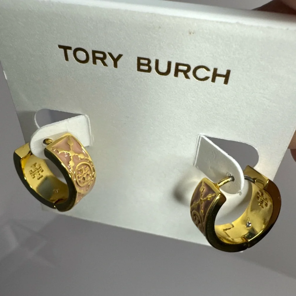 Tory Burch New Monogram Pink Enamel & Gold Plated Huggie Earrings - Picture 5 of 10